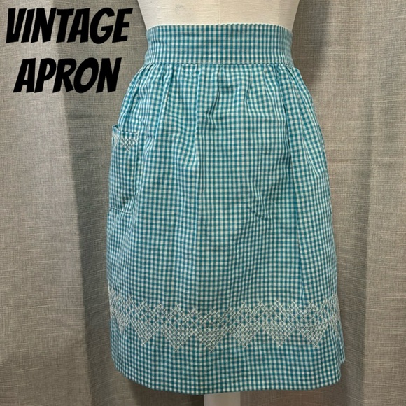 Vintage Apron-Blue/White Gingham Checked-Single Pocket - Picture 1 of 13
